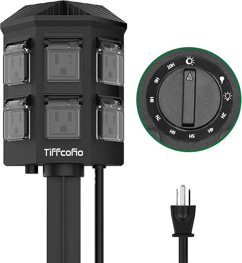 Tiffcofio Outdoor Power Strip Timer, Dusk to Dawn Light Sensor Countdown, 6 Feet Extension Cord Waterproof, 6 Grounded Outlets for Halloween and Christmas Decorations, ETL Listed (6 FT) - Image 1